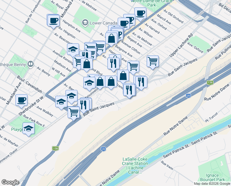 map of restaurants, bars, coffee shops, grocery stores, and more near 2095 Avenue Madison in Montréal