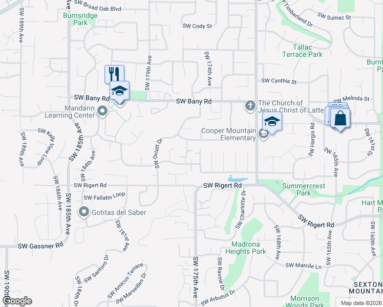 map of restaurants, bars, coffee shops, grocery stores, and more near 17545 Southwest Tia Terrace in Beaverton