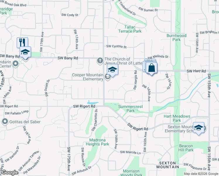 map of restaurants, bars, coffee shops, grocery stores, and more near 16849 Southwest Shelby Court in Beaverton