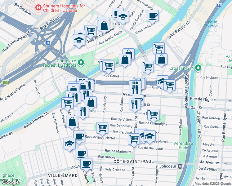map of restaurants, bars, coffee shops, grocery stores, and more near 1981 Avenue de l'Église in Montréal