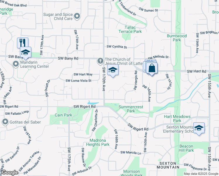 map of restaurants, bars, coffee shops, grocery stores, and more near 16849 Southwest Shelby Court in Beaverton