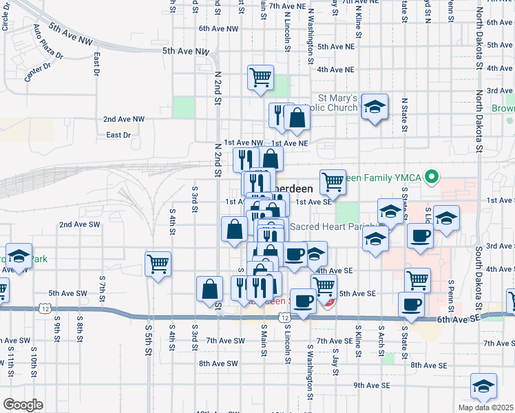 map of restaurants, bars, coffee shops, grocery stores, and more near 112 South Main Street in Aberdeen
