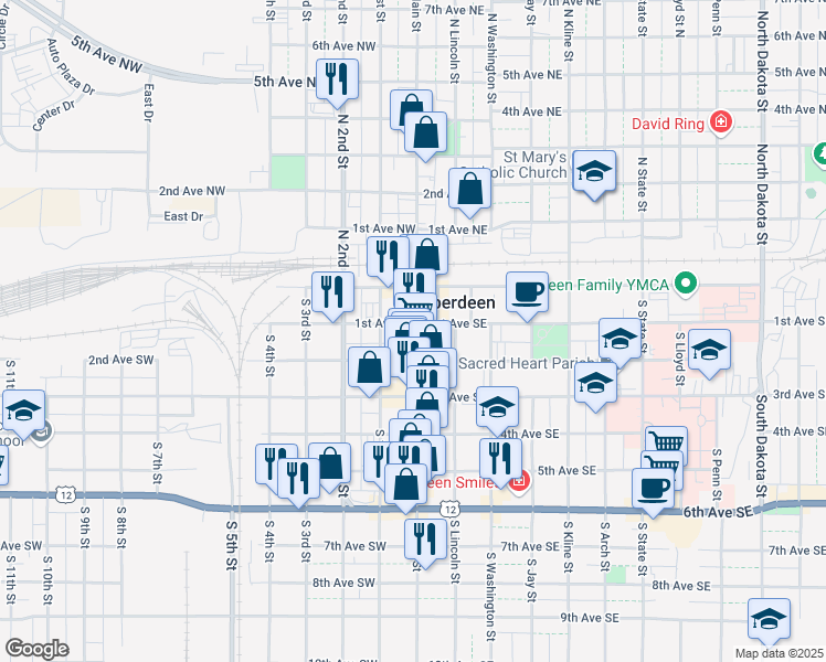 map of restaurants, bars, coffee shops, grocery stores, and more near 104 South Main Street in Aberdeen