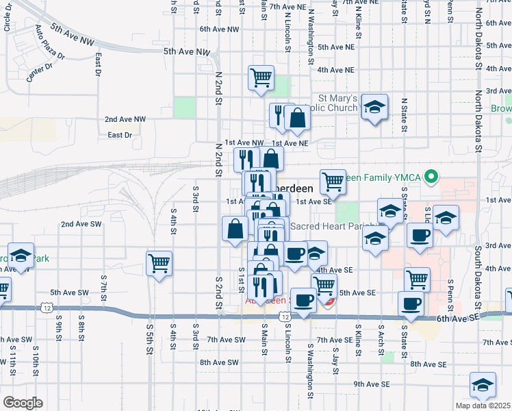 map of restaurants, bars, coffee shops, grocery stores, and more near 104 South Main Street in Aberdeen