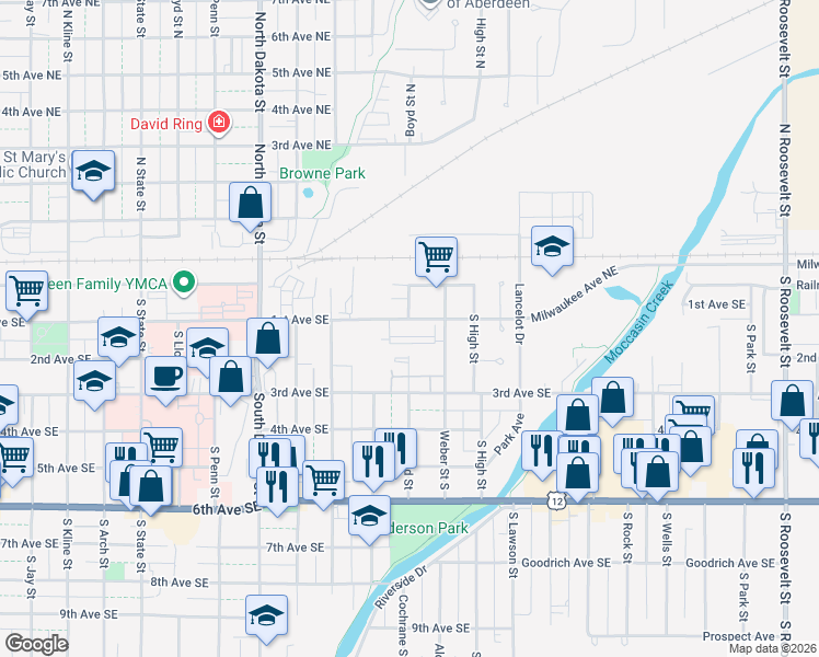 map of restaurants, bars, coffee shops, grocery stores, and more near 1314 1st Avenue Southeast in Aberdeen