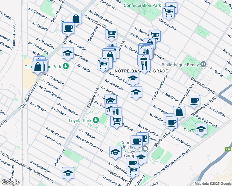 map of restaurants, bars, coffee shops, grocery stores, and more near 4879 Avenue Mariette in Montréal