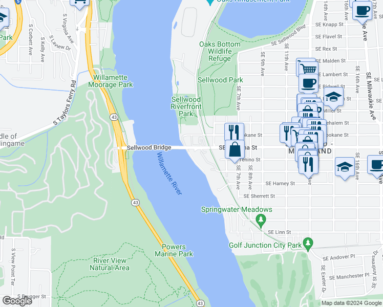 map of restaurants, bars, coffee shops, grocery stores, and more near 340 Southeast Spokane Street in Portland