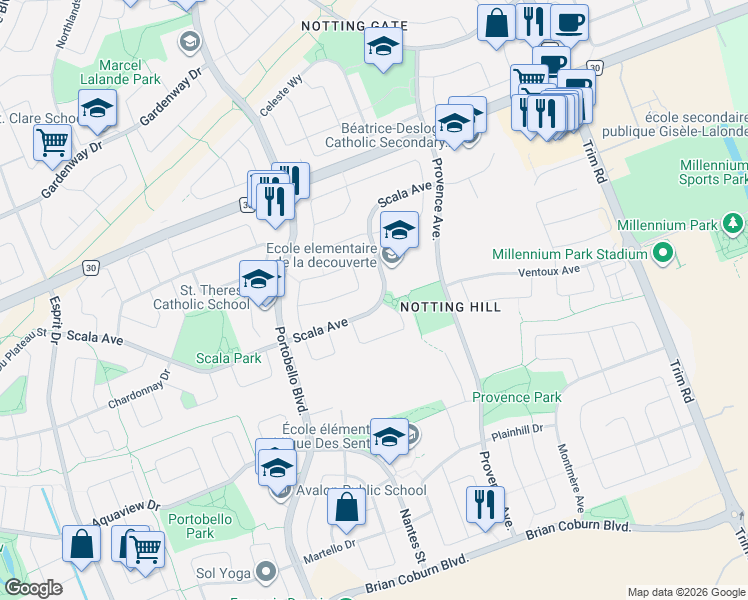 map of restaurants, bars, coffee shops, grocery stores, and more near 855 Scala Avenue in Ottawa
