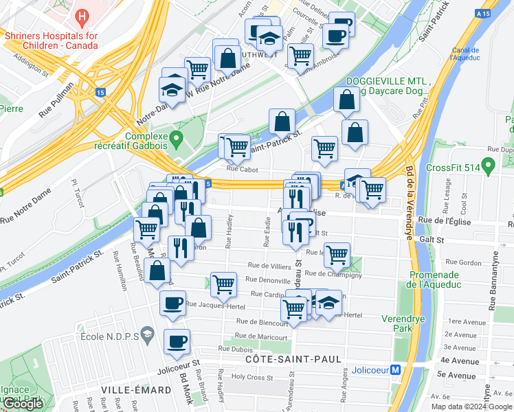 map of restaurants, bars, coffee shops, grocery stores, and more near 1981 Avenue de l'Église in Montréal