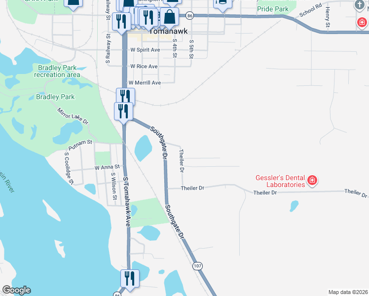 map of restaurants, bars, coffee shops, grocery stores, and more near 23 Theiler Dr in Tomahawk