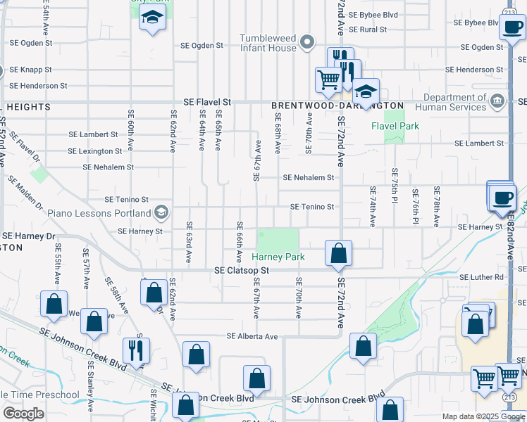 map of restaurants, bars, coffee shops, grocery stores, and more near 6720 Southeast Tenino Street in Portland