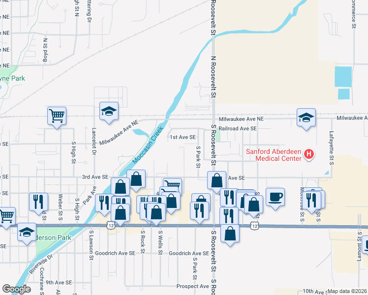 map of restaurants, bars, coffee shops, grocery stores, and more near 100 South Elm Street in Aberdeen