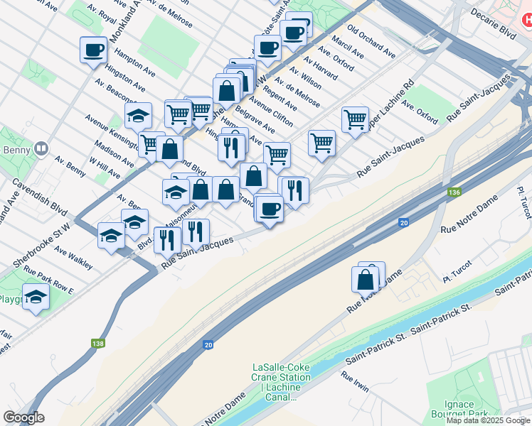 map of restaurants, bars, coffee shops, grocery stores, and more near 2035 Grand Boulevard in Montreal