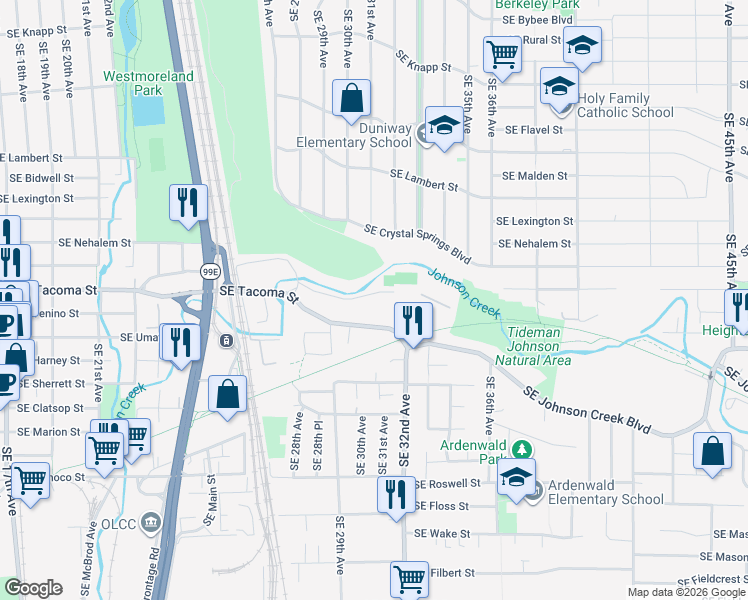 map of restaurants, bars, coffee shops, grocery stores, and more near 3043 Southeast Tacoma Street in Portland
