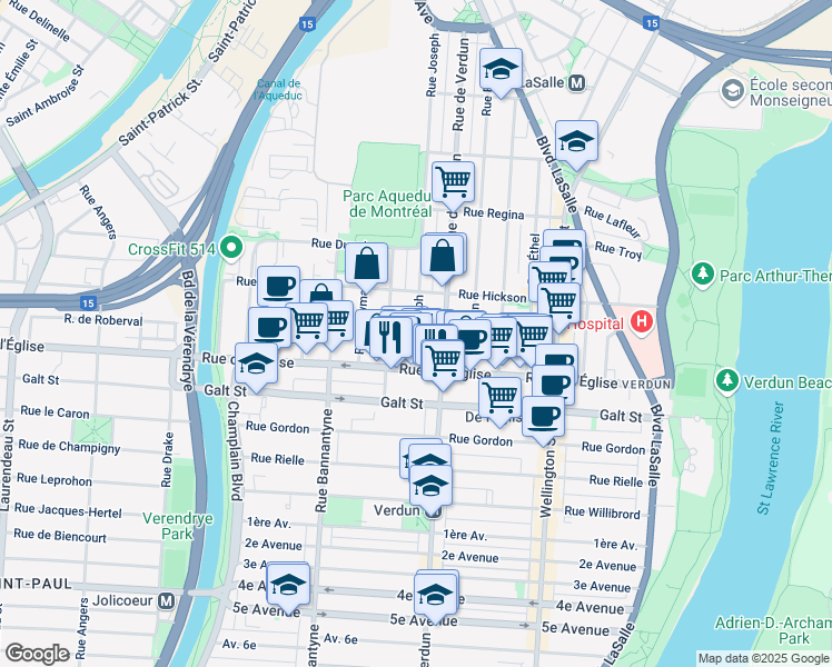 map of restaurants, bars, coffee shops, grocery stores, and more near 3993 Rue Joseph in Verdun