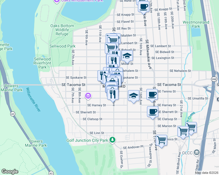 map of restaurants, bars, coffee shops, grocery stores, and more near 1214 Southeast Tacoma Street in Portland