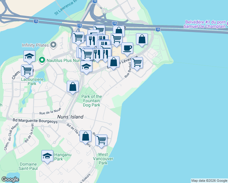 map of restaurants, bars, coffee shops, grocery stores, and more near 90 Rue Berlioz in Montreal