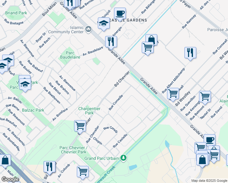 map of restaurants, bars, coffee shops, grocery stores, and more near 5745 Boulevard Chevrier in Brossard