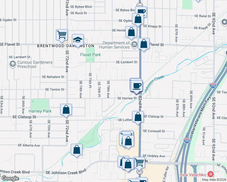 map of restaurants, bars, coffee shops, grocery stores, and more near 7815 Southeast Harney Street in Portland