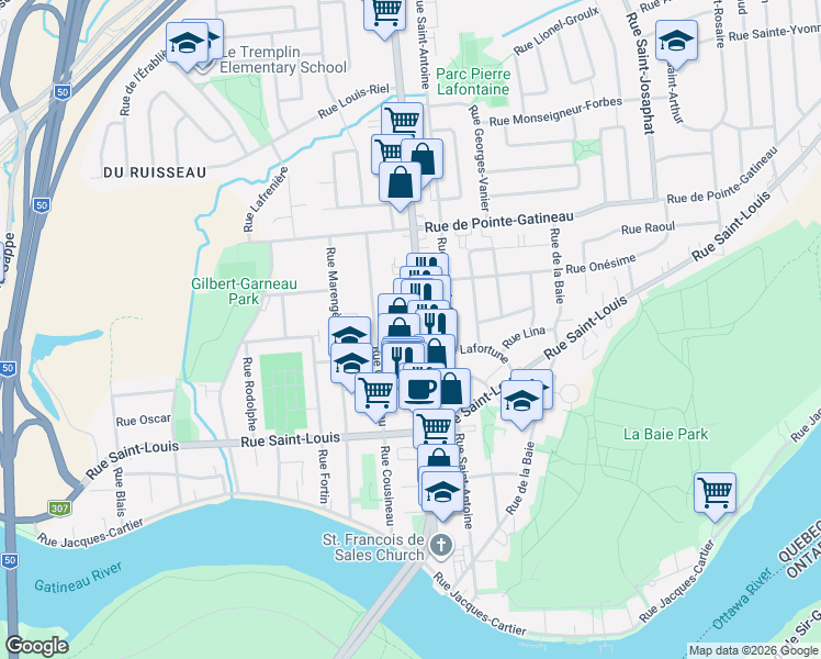 map of restaurants, bars, coffee shops, grocery stores, and more near 78 Boulevard Gréber in Gatineau