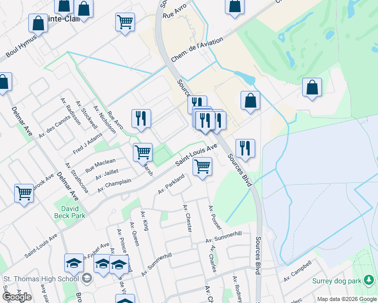 map of restaurants, bars, coffee shops, grocery stores, and more near 215 Avenue Saint-Louis in Pointe-Claire
