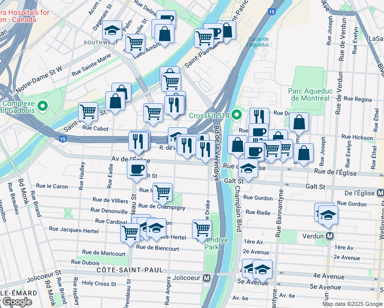 map of restaurants, bars, coffee shops, grocery stores, and more near 5423 Rue York in Montréal