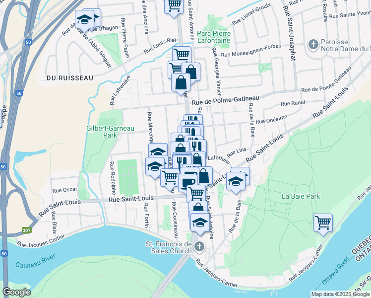 map of restaurants, bars, coffee shops, grocery stores, and more near in Gatineau