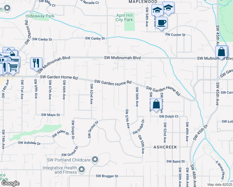 map of restaurants, bars, coffee shops, grocery stores, and more near 8443 Southwest 59th Avenue in Portland