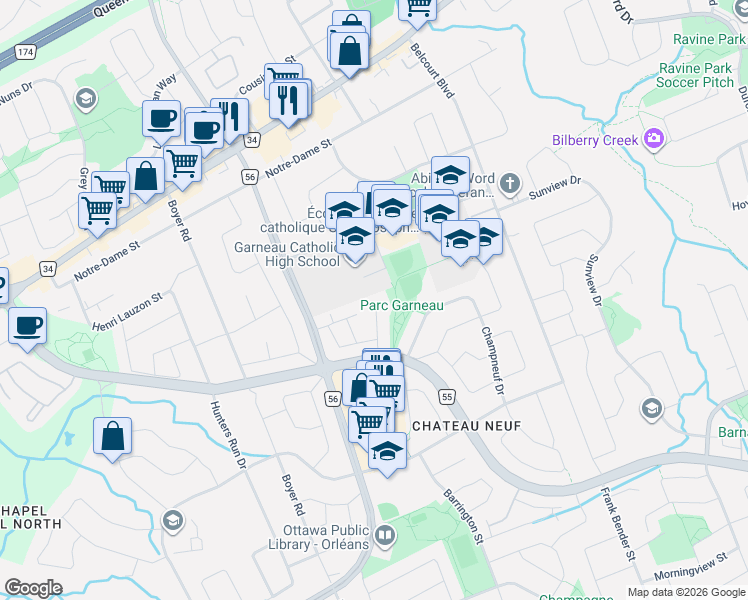 map of restaurants, bars, coffee shops, grocery stores, and more near 1560 Montcerf Court in Ottawa