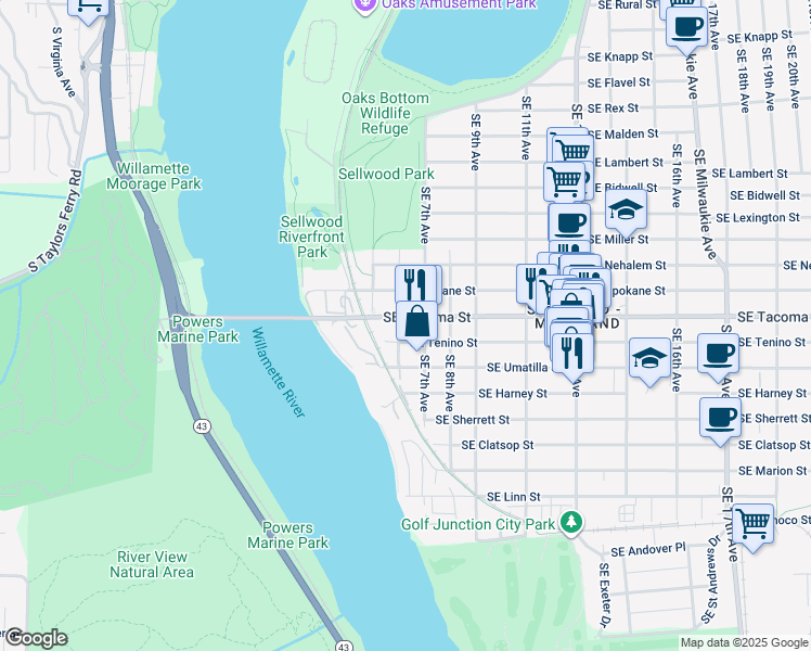 map of restaurants, bars, coffee shops, grocery stores, and more near 8203 Southeast 7th Avenue in Portland