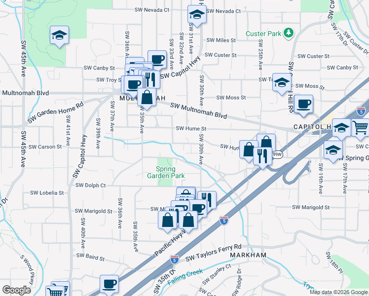 map of restaurants, bars, coffee shops, grocery stores, and more near 8453 Southwest 30th Avenue in Portland