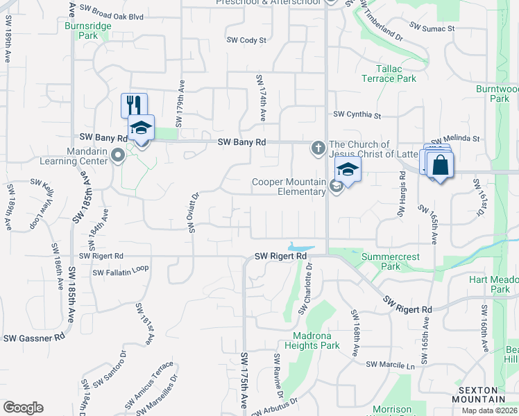 map of restaurants, bars, coffee shops, grocery stores, and more near 7733 Southwest 174th Place in Beaverton