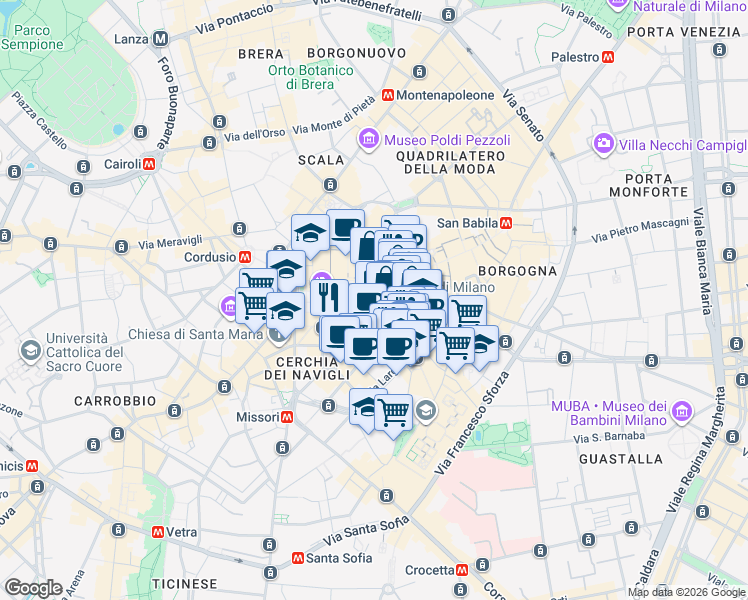 map of restaurants, bars, coffee shops, grocery stores, and more near Piazza del Duomo in Milano