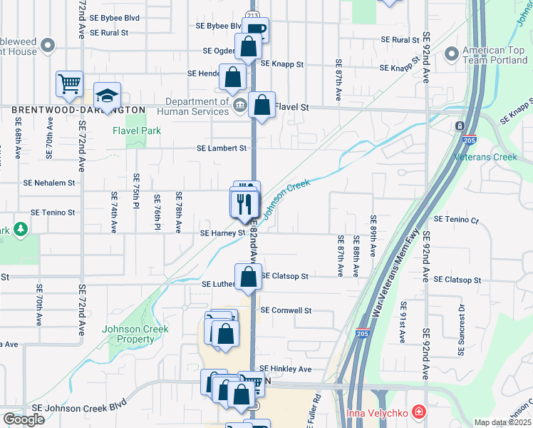 map of restaurants, bars, coffee shops, grocery stores, and more near 8205 Southeast 82nd Avenue in Portland