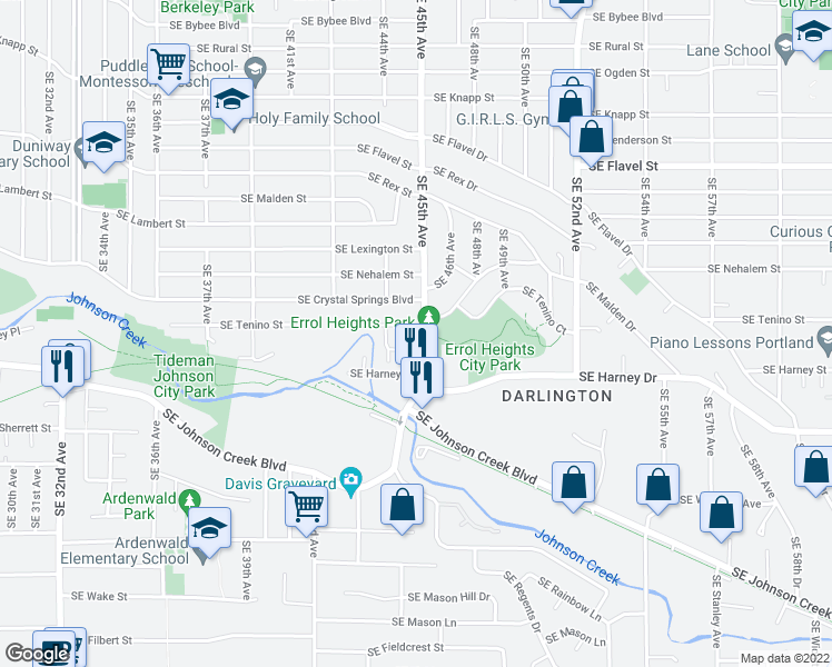 map of restaurants, bars, coffee shops, grocery stores, and more near 8306 Southeast 45th Avenue in Portland