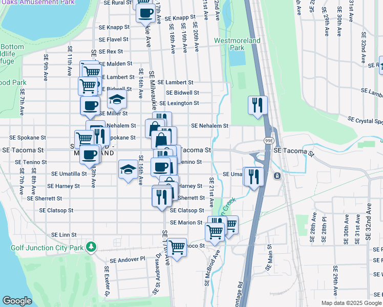 map of restaurants, bars, coffee shops, grocery stores, and more near 1924 Southeast Tenino Street in Portland