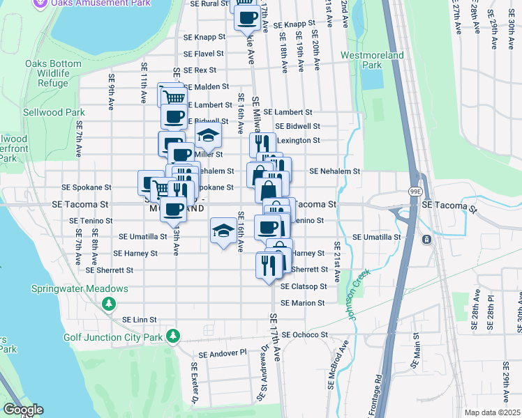 map of restaurants, bars, coffee shops, grocery stores, and more near 8145 Southeast 17th Avenue in Portland