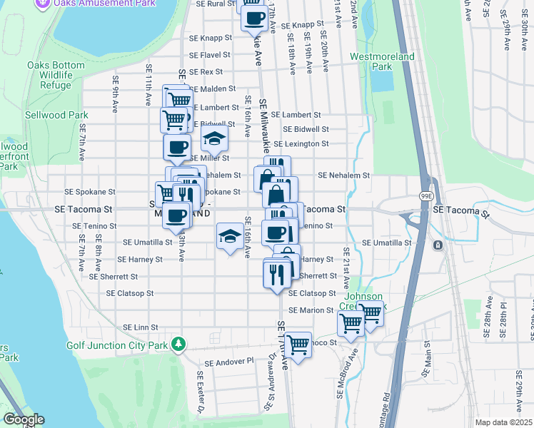 map of restaurants, bars, coffee shops, grocery stores, and more near 8145 Southeast 17th Avenue in Portland