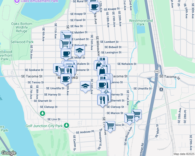 map of restaurants, bars, coffee shops, grocery stores, and more near 8145 Southeast 17th Avenue in Portland
