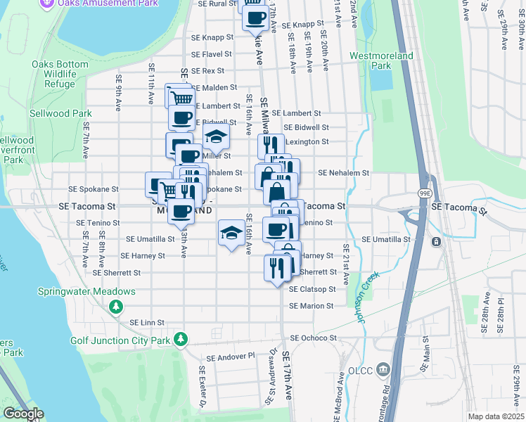 map of restaurants, bars, coffee shops, grocery stores, and more near 8145 Southeast 17th Avenue in Portland