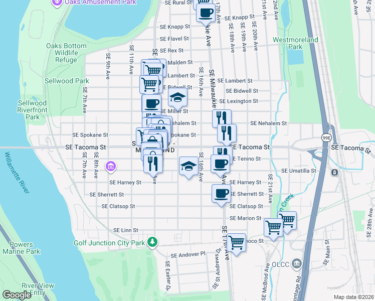 map of restaurants, bars, coffee shops, grocery stores, and more near 1552 Southeast Tenino Street in Portland