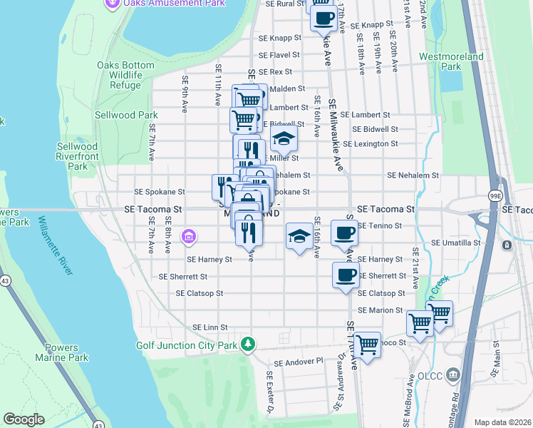 map of restaurants, bars, coffee shops, grocery stores, and more near 8112 Southeast 13th Avenue in Portland