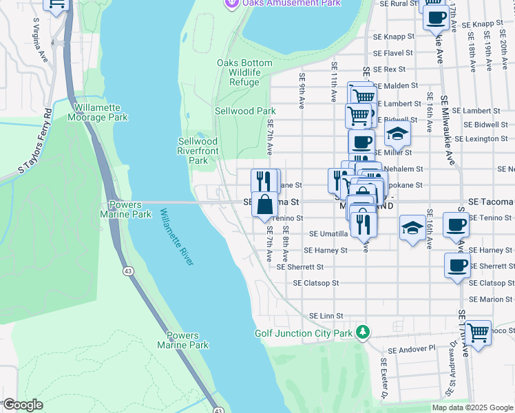 map of restaurants, bars, coffee shops, grocery stores, and more near 8203 Southeast 7th Avenue in Portland
