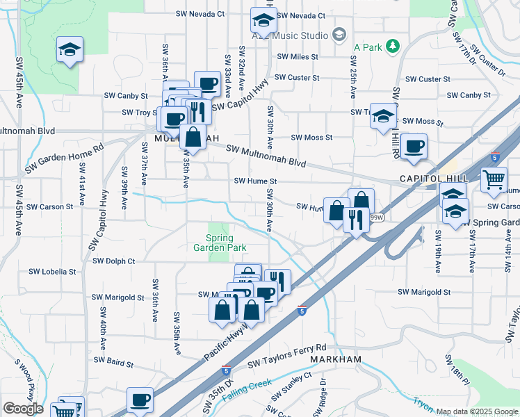 map of restaurants, bars, coffee shops, grocery stores, and more near 8453 Southwest 30th Avenue in Portland