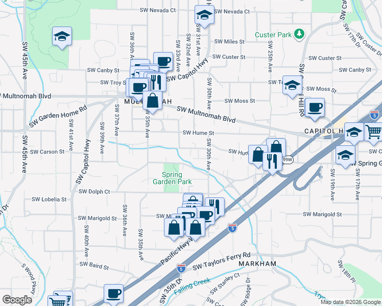 map of restaurants, bars, coffee shops, grocery stores, and more near 8453 Southwest 30th Avenue in Portland