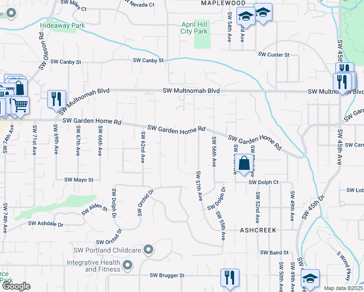 map of restaurants, bars, coffee shops, grocery stores, and more near 8443 Southwest 59th Avenue in Portland