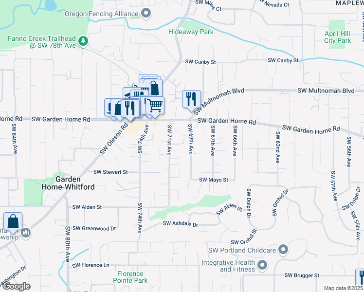 map of restaurants, bars, coffee shops, grocery stores, and more near 7045 Southwest Royal Oak Court in Portland
