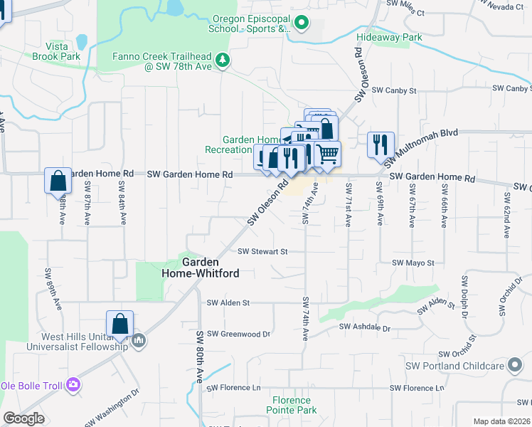 map of restaurants, bars, coffee shops, grocery stores, and more near 7804 Southwest Oleson Road in Portland