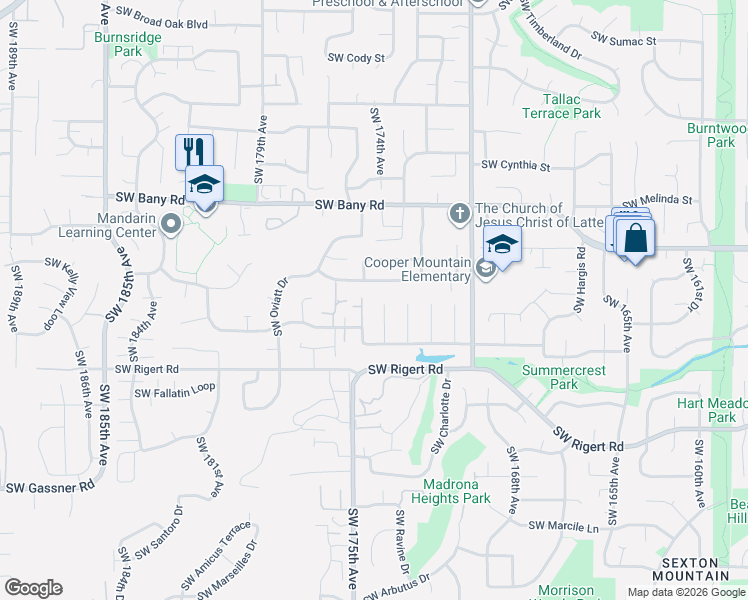 map of restaurants, bars, coffee shops, grocery stores, and more near 7829 Southwest 174th Place in Beaverton