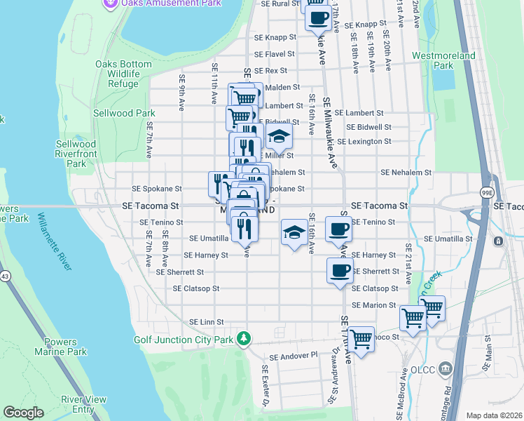 map of restaurants, bars, coffee shops, grocery stores, and more near 8112 Southeast 13th Avenue in Portland